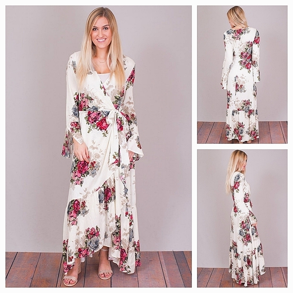 JOLENE FLORAL RUFFLE SIDE WRAP MAXI‎ DRESS IN NATURAL - Picture 2 of 5